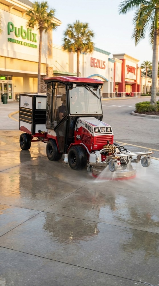 Ride-on surface cleaner power washing a commercial parking lot in front of a strip mall