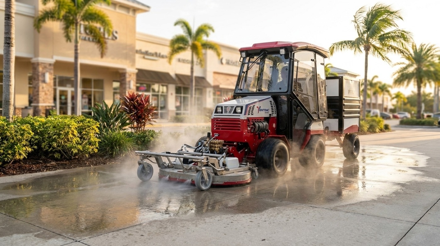 Commercial ride-on power washer cleaning pavement with a rotary surface attachment
