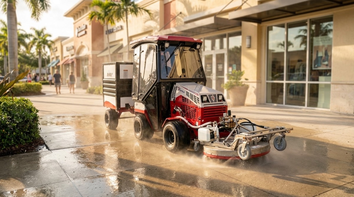 Power washing a storefront sidewalk with a commercial ride-on cleaner